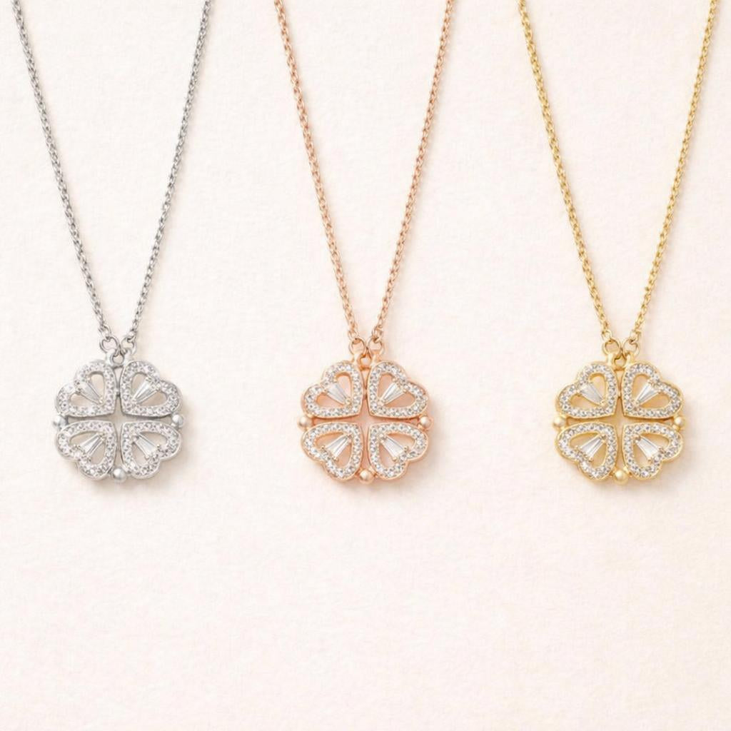 C211 Simple Heart-to-Heart Four-Leaf Clover Necklace for Women - Fashion Lockbone Chain with Heart Folded Design - One Pendant for Two Wears