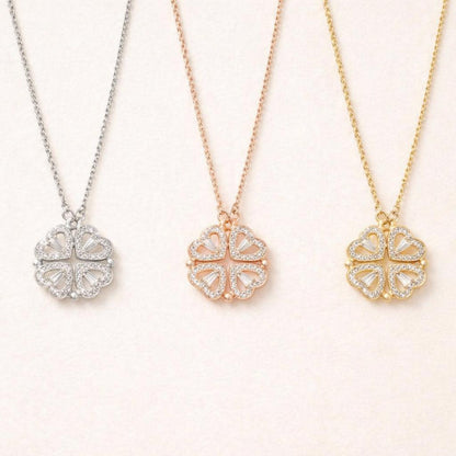 C211 Simple Heart-to-Heart Four-Leaf Clover Necklace for Women - Fashion Lockbone Chain with Heart Folded Design - One Pendant for Two Wears