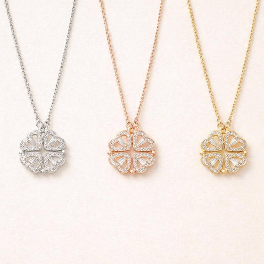 C211 Simple Heart-to-Heart Four-Leaf Clover Necklace for Women - Fashion Lockbone Chain with Heart Folded Design - One Pendant for Two Wears