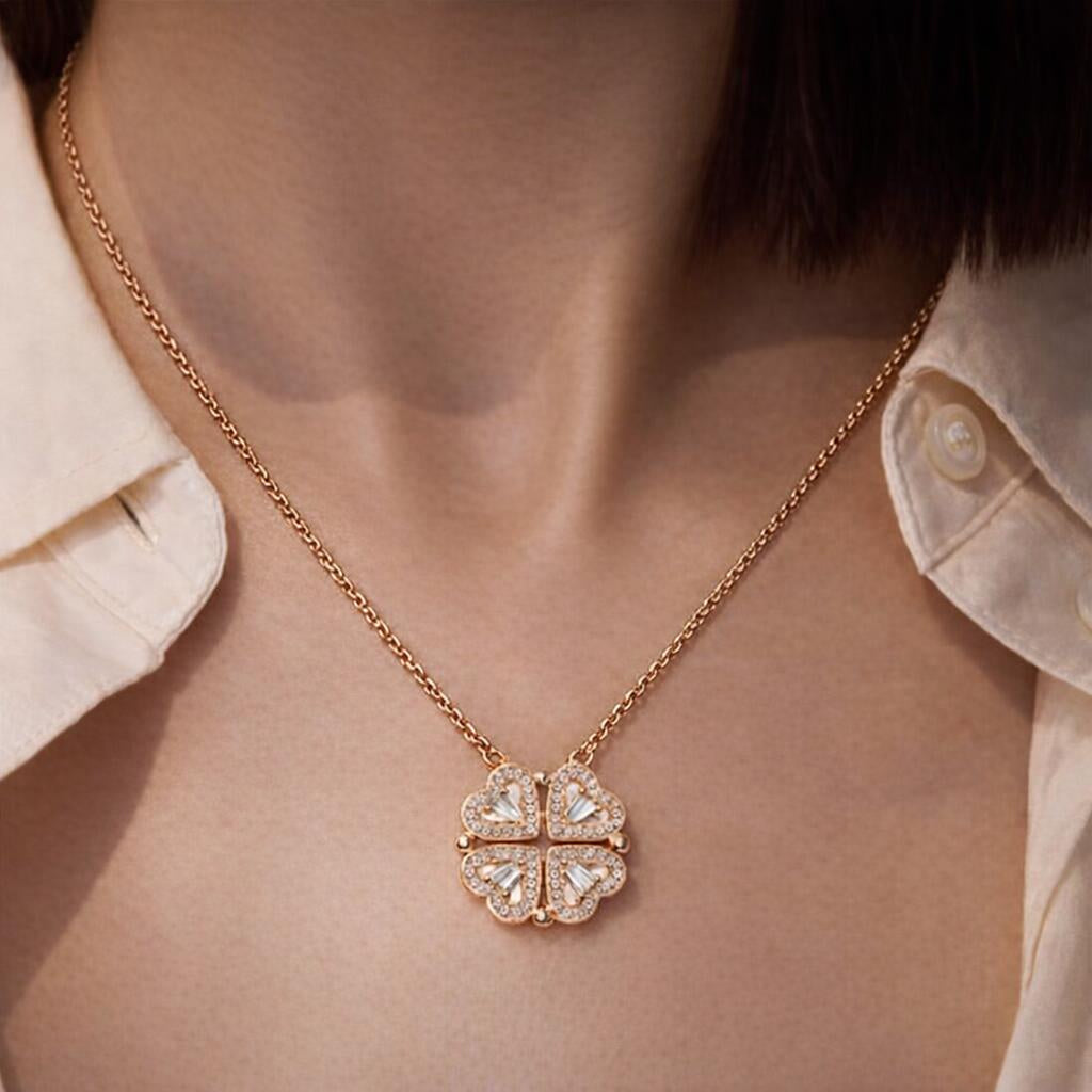 C211 Simple Heart-to-Heart Four-Leaf Clover Necklace for Women - Fashion Lockbone Chain with Heart Folded Design - One Pendant for Two Wears