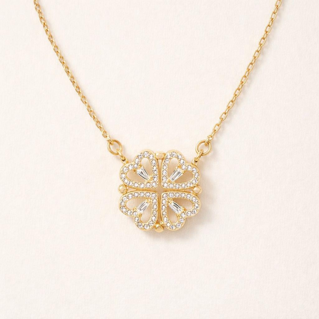 C211 Simple Heart-to-Heart Four-Leaf Clover Necklace for Women - Fashion Lockbone Chain with Heart Folded Design - One Pendant for Two Wears