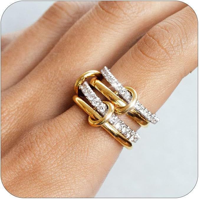 Stacked Cubic Zirconia Ring - 18K Gold - Rich Luster - Non-Discoloration - Gold and Silver Dual Finish Gift