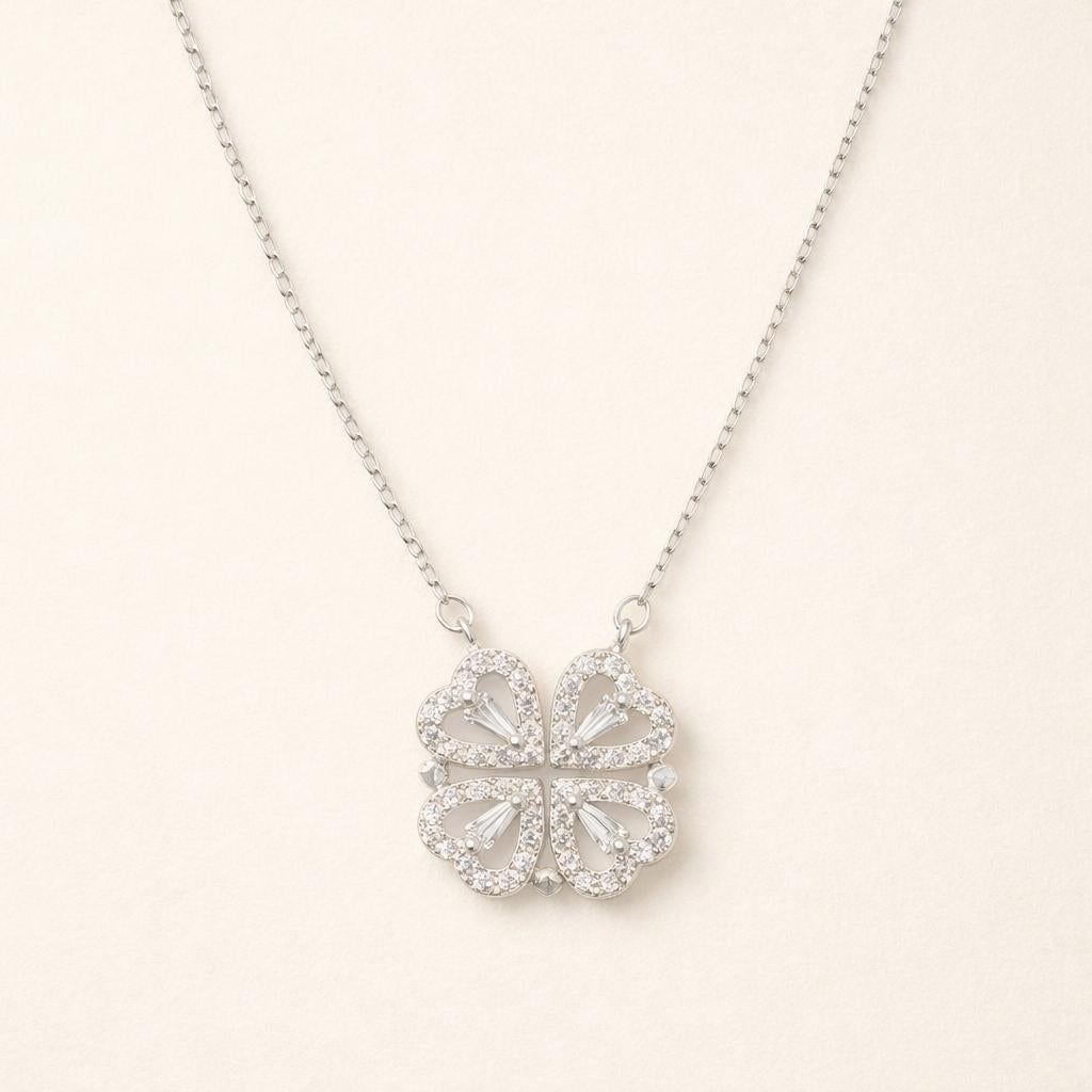 C211 Simple Heart-to-Heart Four-Leaf Clover Necklace for Women - Fashion Lockbone Chain with Heart Folded Design - One Pendant for Two Wears