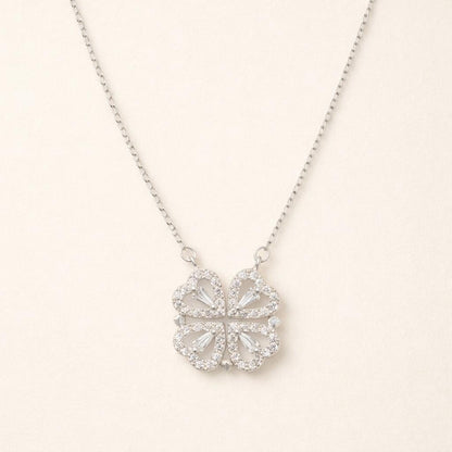 C211 Simple Heart-to-Heart Four-Leaf Clover Necklace for Women - Fashion Lockbone Chain with Heart Folded Design - One Pendant for Two Wears