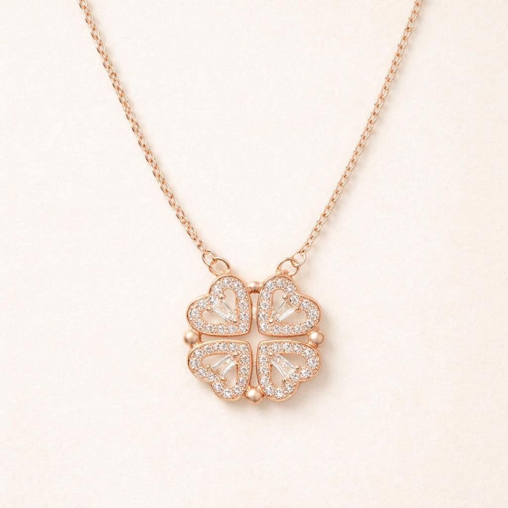 C211 Simple Heart-to-Heart Four-Leaf Clover Necklace for Women - Fashion Lockbone Chain with Heart Folded Design - One Pendant for Two Wears