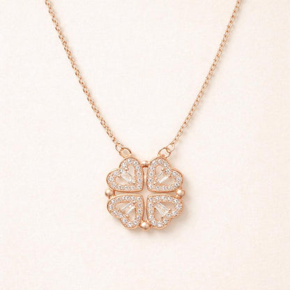 C211 Simple Heart-to-Heart Four-Leaf Clover Necklace for Women - Fashion Lockbone Chain with Heart Folded Design - One Pendant for Two Wears